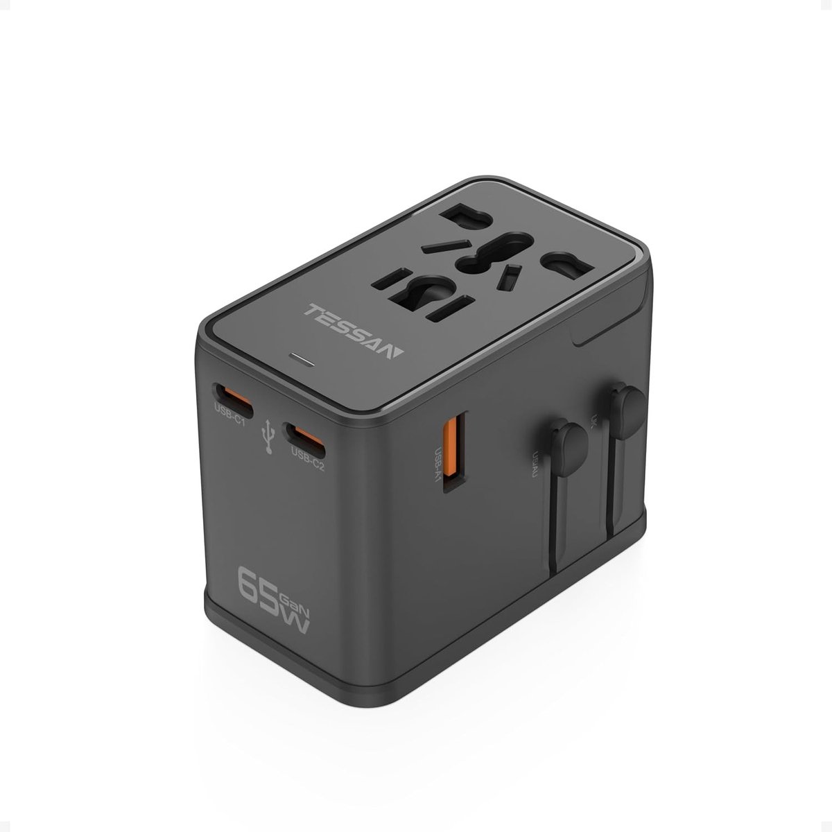 65W GaN Reisadapter Wereldwijd met Snelladen, 2 USB C en 2 USB A, Ideaal voor EU, VS, VK, Italië, Japan, Thailand, Australië en Canada