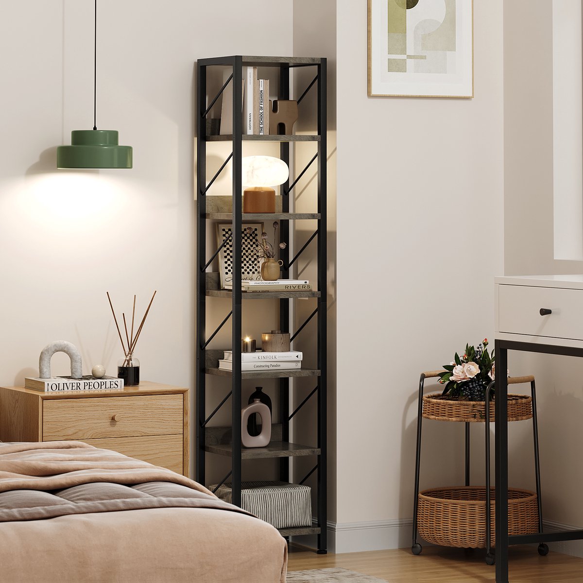 Smalle Boekenkast 6 Lagen - 35x30x168cm - Hoge Boekenkast - Rustieke Planken - Industrieel Metalen Frame - Hoek Opbergrek Klein - Voor Slaapkamer Woonkamer Kantoor - Grijs