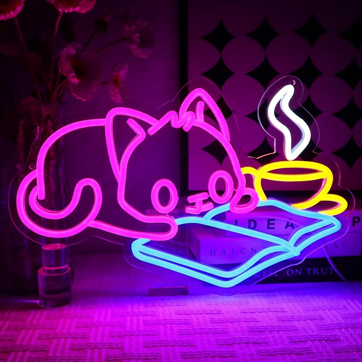 Leesende Kat Neonbord - Jazz Rood Geel - 42 x 27 cm - Led Neonbord met Dimbare Verlichting - Voor Thuis en Koffiebar