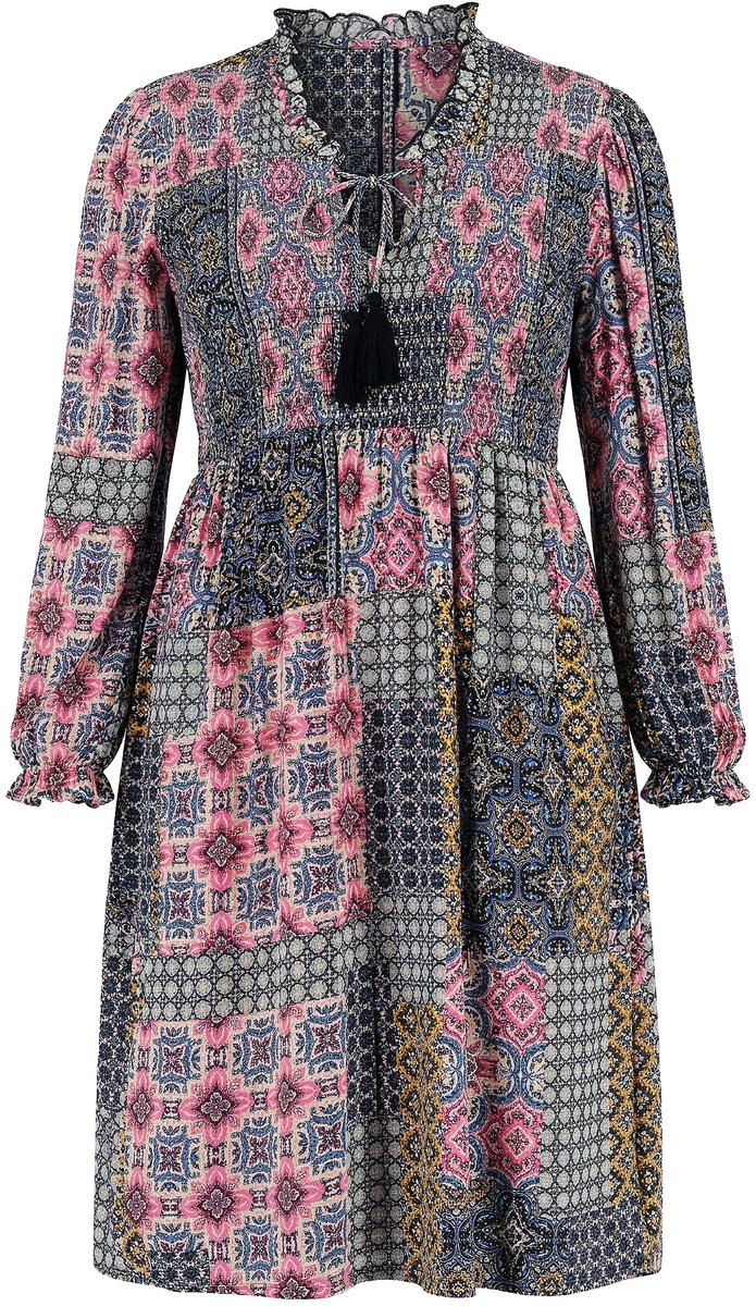 Ulla Popken - Dames - Midi-jurk patchprint A-lijn tuniekhals - Mosterd - Maat 62+