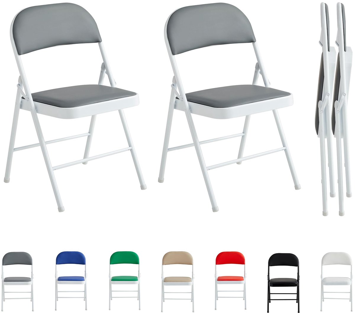 Famanu Set van 2 klapstoelen van kunstleer met metalen frame en gewatteerde zitting, opvouwbaar en eenvoudig op te bergen, ideaal voor thuis en kantoor (grijs