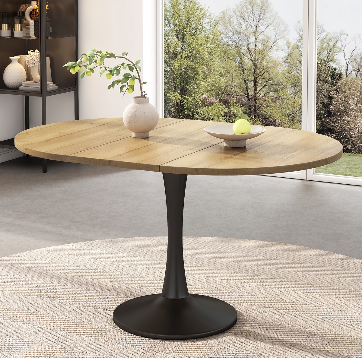 MIVRAY Ovale Uitschuifbare Eettafel Voor Woonkamer En Eetkamer In Eiken Kleur Van MDF En Metaal 100 Tot 140 X 100 X 75 Cm