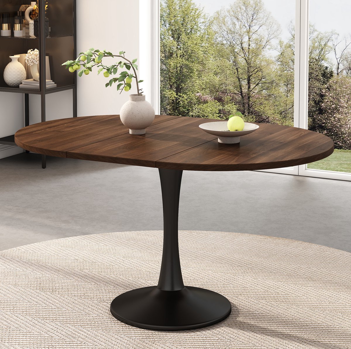 MIVRAY Ovale Uitschuifbare Eettafel Voor Woonkamer En Eetkamer Met Walnootkleurig MDF Blad En Zwart Onderstel 100/140 x 100 x 75 Cm