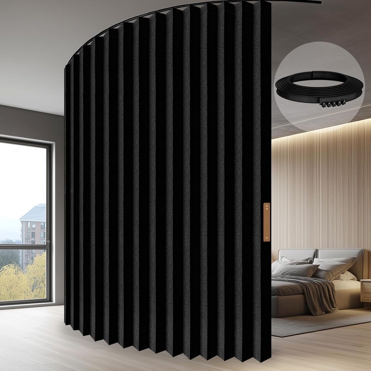 Famanu – Ruimteverdeler gordijn met rails, 100% volledige bescherming, uniek accordeon-design, voor slaapkamer en bergruimte, zwart, H 213 x