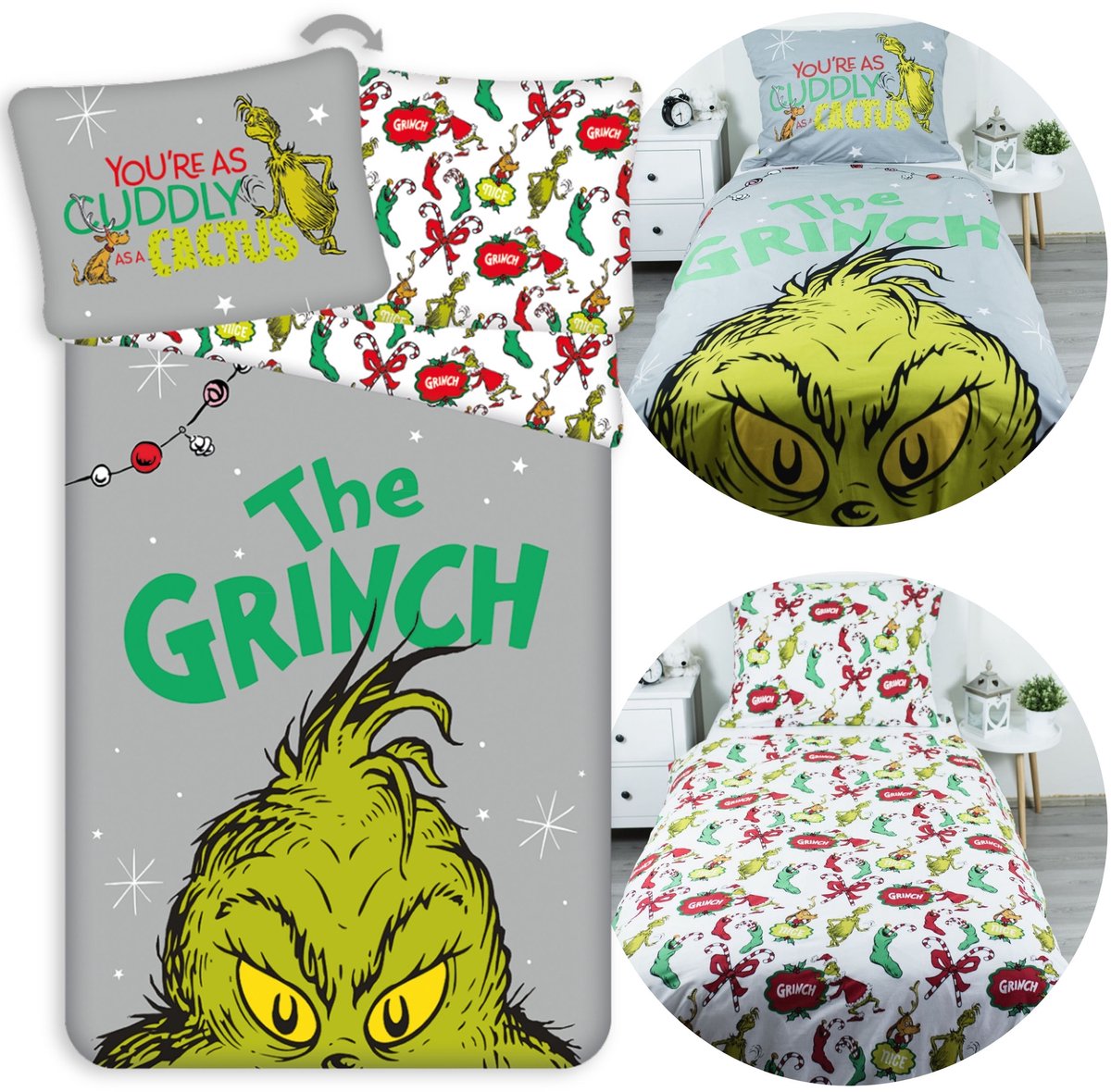 Grinch Kerst, DUBBELZIJDIG, katoenen kinderbeddengoed met rits, 100% KATOEN 140x200cm+70x90cm OEKO-TEX