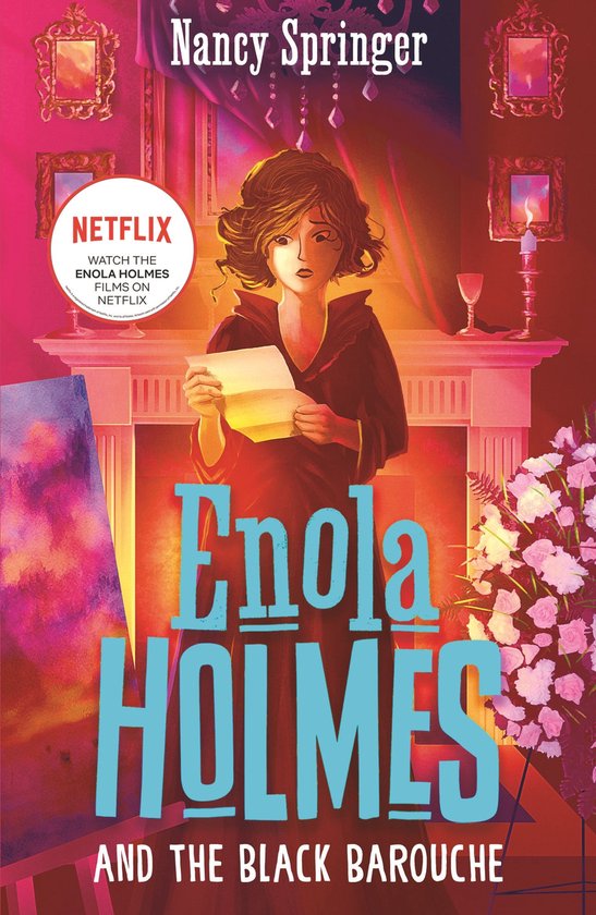 Boekomslag van 'Enola Holmes en de Zwarte Barouche'. Een jonge vrouw in rode jurk leest een brief in een weelderige kamer.