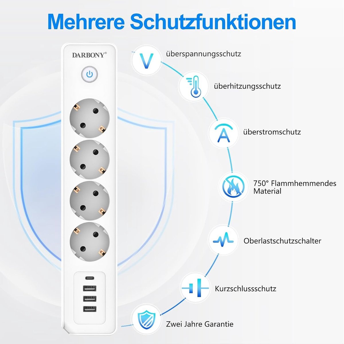 Stekkerdoos - Wit - 2 m - Meervoudige Stekkerdoos met USB-C en USB-A - Voor Thuis en Kantoor