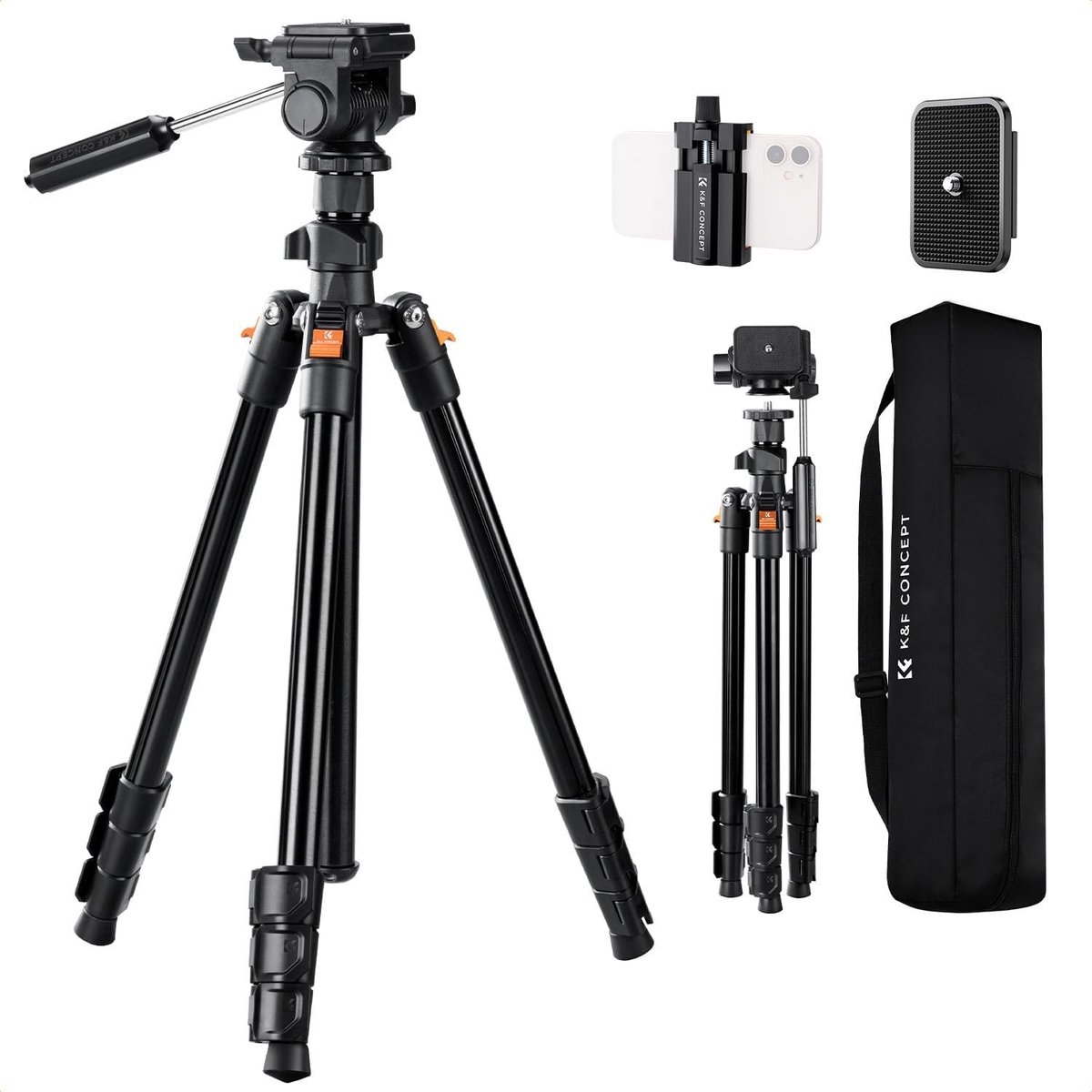 Camerastatief - Zwart - 196 cm - Aluminium Reisstatief met 3-Wegkop - Voor DSLR en Smartphone