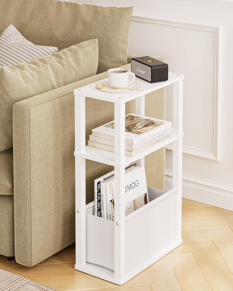 Famanu Smal bijzettafeltje met opbergruimte, 3-traps nachtkastje, kleine salontafel voor beperkte ruimtes, wit, ideaal voor slaapkamer en woonkamer