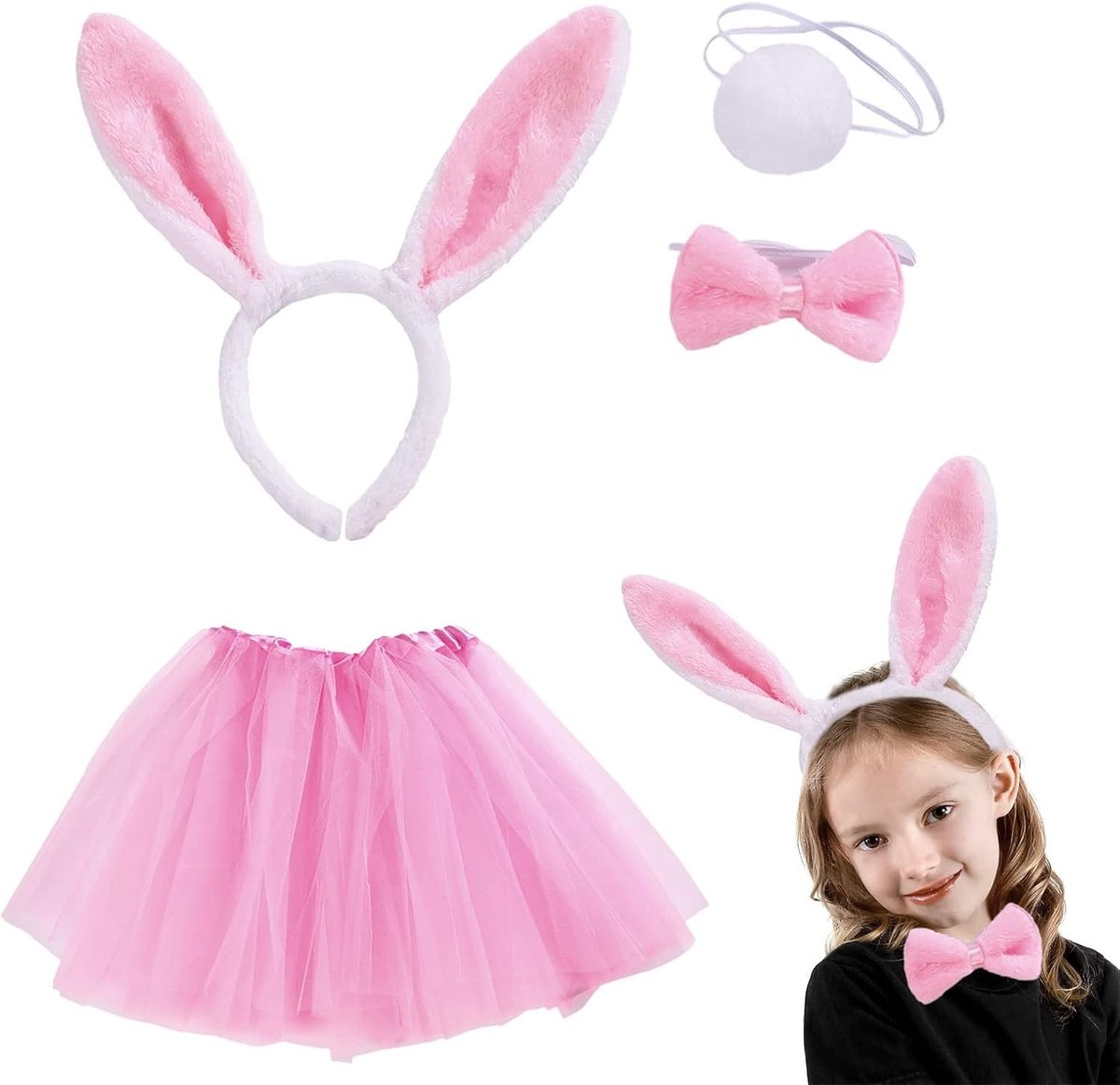 Pack van 4 Konijnenoren, Pluche Hoofdband, Tutu Rok en Vlinderdas voor Cosplay en Feestjes, Kinderen, Pasen, Kostuums, Accessoires