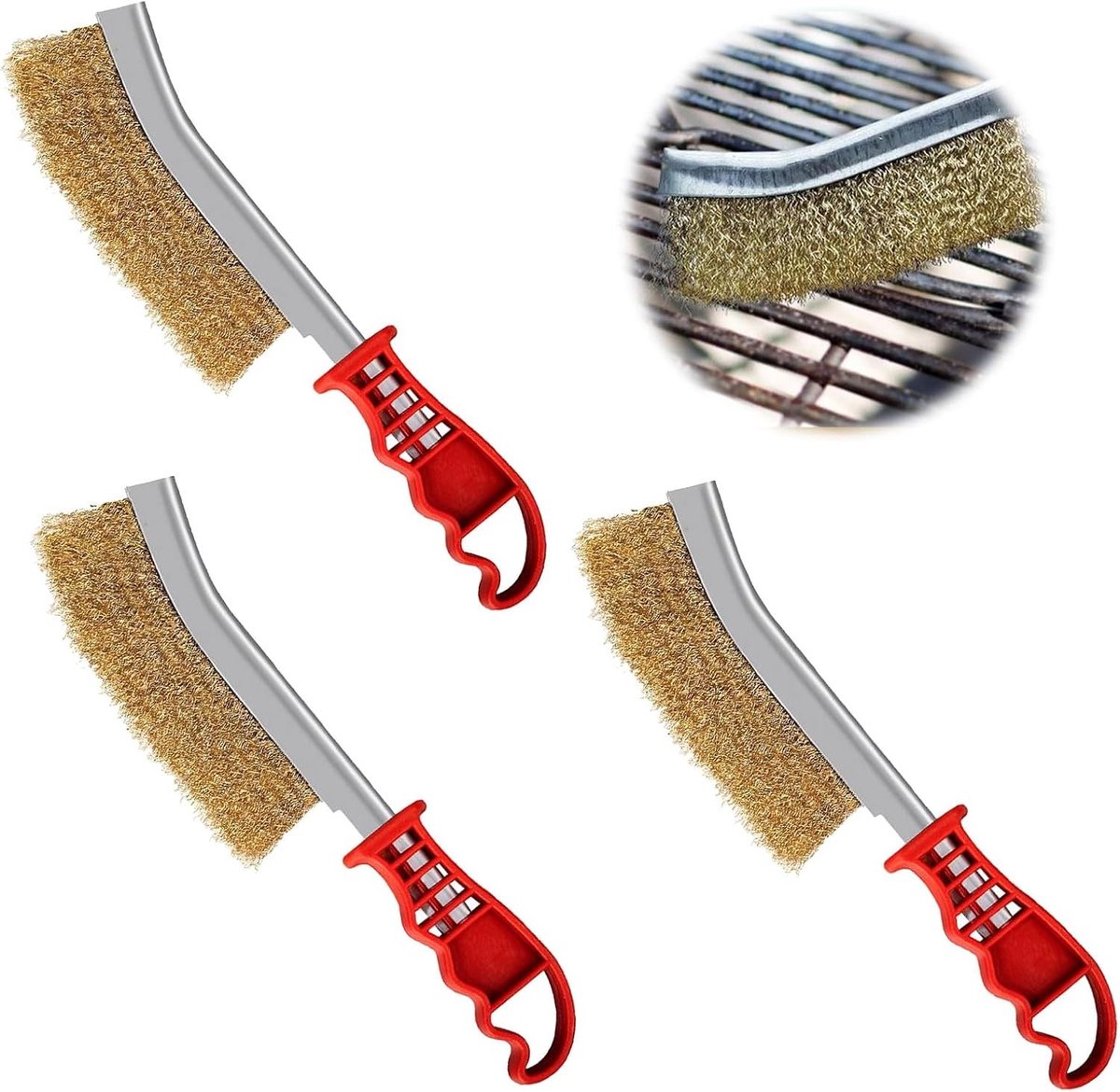 Draadborstelset - Rood - 24 x 5 x 1,5 cm - Messing Borstels voor Grillreiniging - Voor Huishoudelijk en Professioneel Gebruik
