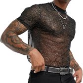 Glanzende Korte Mouwen Hemden voor Mannen, Ronde Hals, Disco Rave Tops met Transparante Mesh en Pailletten, Perfect voor Feestjes en Clubwear