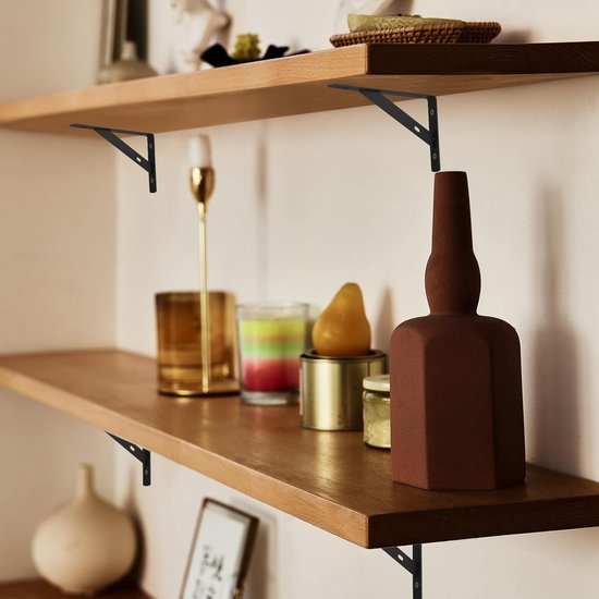 Set van 8 metalen hoeksteunen voor wandmontage, zware kwaliteit, 90 graden, driehoekige plankensteunen, 150 x 95 mm, zwart, ideaal voor opslag en organisatie — afbeelding 4