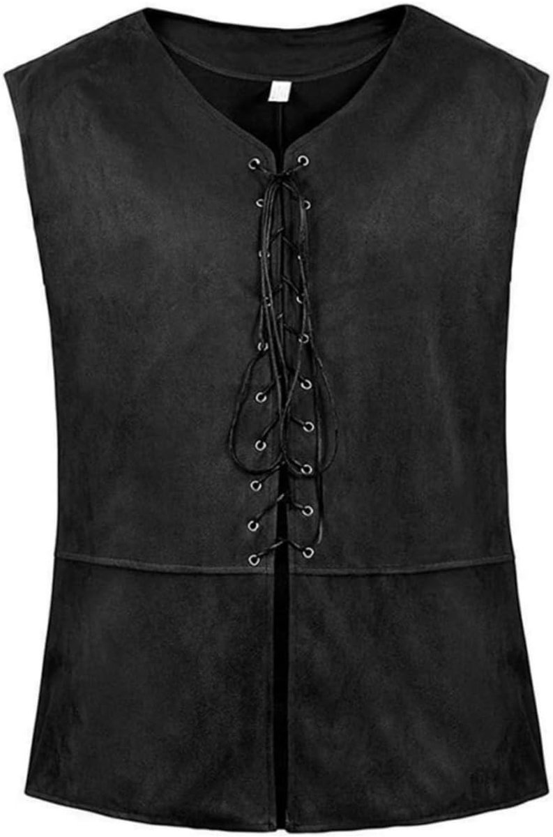 Vintage Renaissance Vest voor Mannen met V-hals en Laces - Piratenkostuum, Steampunk en Viking Suede Leren Mouwloos Top voor Halloween Cosplay en Retro Feesten