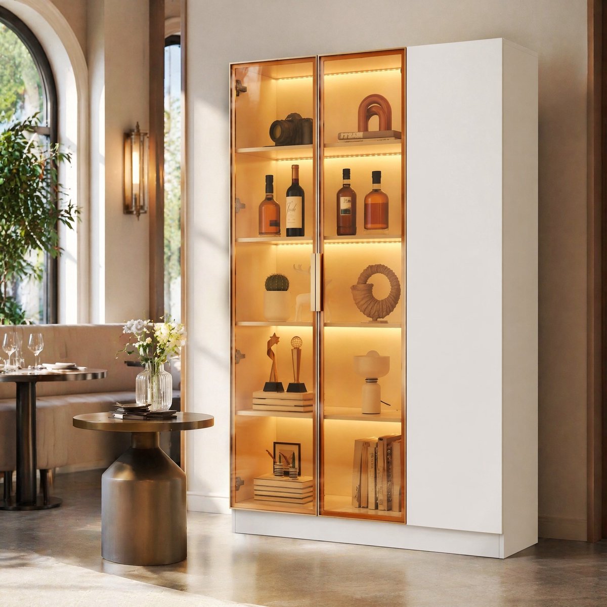 Wishdor Vitrinekast - 3-deurs - Veiligheidsglas - LED-verlichting - Verstelbare planken - Vrijstaand voor woonkamer eetkamer keuken - MDF - Wit - 110 x 35 x 165 cm