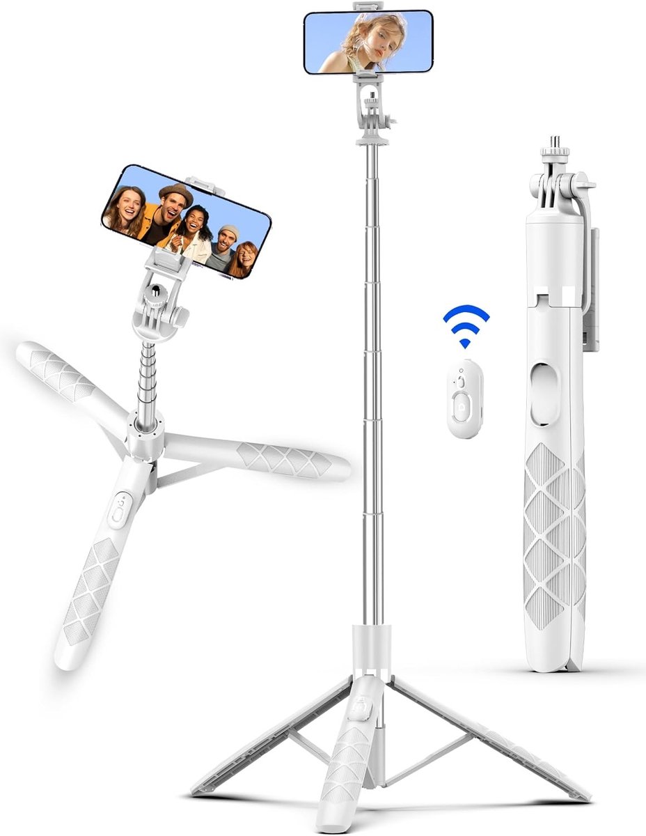 Mobiele Telefoon Statief - Wit - 33,6 x 33,6 x 179 cm - Aluminium Selfie Stick met Afstandsbediening - Voor Smartphone en Camera