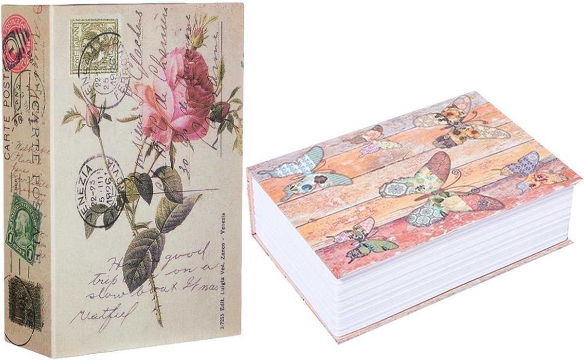 Set van 2 Boeken als Opbergdoos - Kleurrijke Vlinders en Rozen - 180 x 115 x 55 mm - Buxuskluis met Sleutelvergrendeling - Voor Thuis en Kantoor