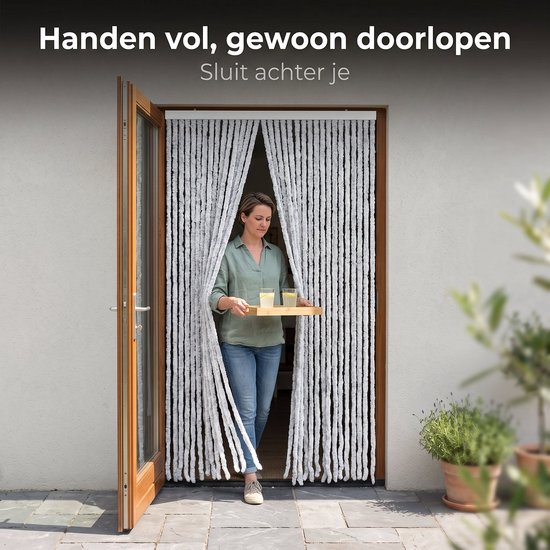 Cheqo® Vliegengordijn 90x230 cm Grijs/Wit - Insectengordijn - Deurgordijn - Kattenstaart - Horgordijn - Hordeur - Pluche Strengen - Chenille - Gemêleerd - Muggengordijn - Vliegenhor - Anti Insecten - voor Deur, Tuindeur, Caravan en Camper — afbeelding 2