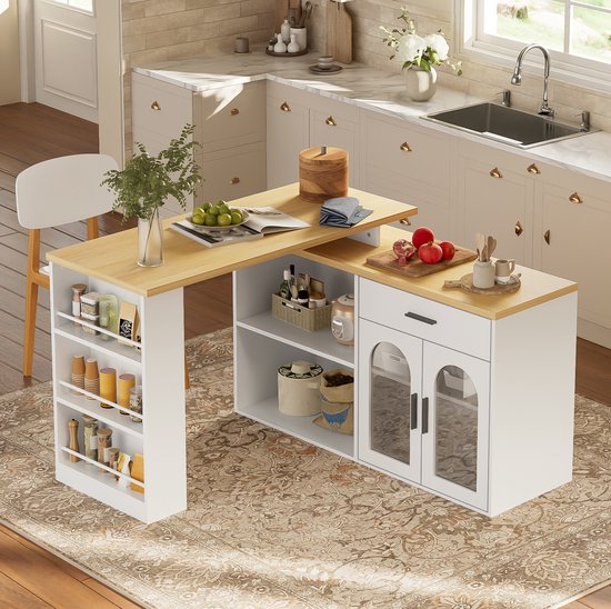 FloraGrace Keuken Eiland Met 360 Graden Draaibare Tafel En Opbergkast Met Lade En Planken Voor Keuken En Eetkamer Hout Wit 136x50x78 Cm — afbeelding 3