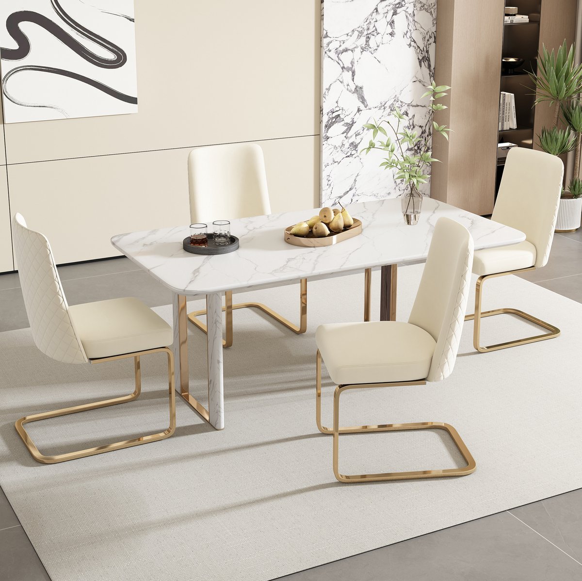 Eetkamerstoel Set Van 4 - Velvet Met Diamant Rugdesign En Gouden Metalen Poten - Voor Eetkamer, Woonkamer En Slaapkamer - Beige