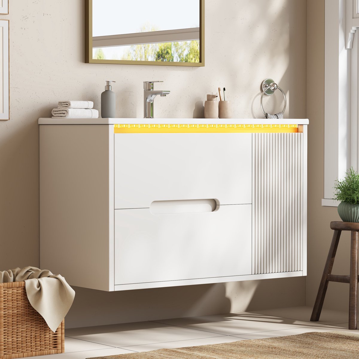 FloraGrace Badkamermeubel - Wandgemonteerde Wastafelonderkast Met Keramische Wastafel, Ledverlichting En Soft Close - Wit - 81 Cm