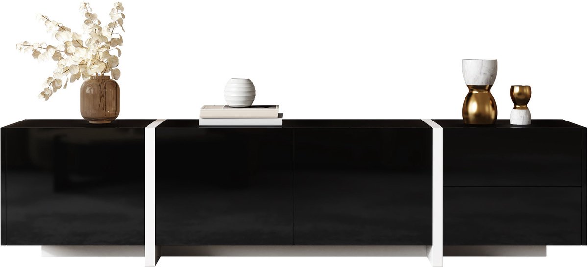 Merax TV-Meubel - Zwart Hoogglans Met Witte Accenten - LED-Verlichting - 170 x 30 x 39 cm - Met Deuren Lade En Opbergruimte