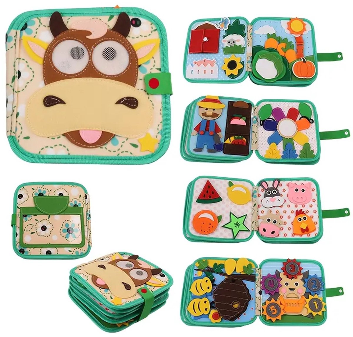 Vilten Activiteitenboek Peuter - Sensorisch Speelboek - 10 Interactieve Pagina's - Fijne Motoriek met Knopen, Rijgen en Klittenband - Cijfers, Vormen en Dieren Matchen - Boerderijthema met Babyspiegel - Voor Kinderen 1-3 Jaar Thuis en Onderweg