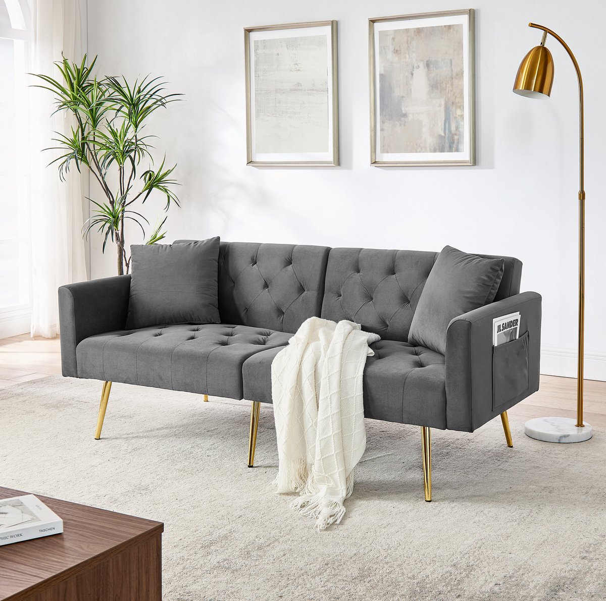 Wishdor Slaapbank - Grijze velvet 2-zits met verstelbare rugleuning - Met 2 kussens - Metalen poten - Voor woonkamer en kleine ruimtes - 177 x 78 x 74 cm
