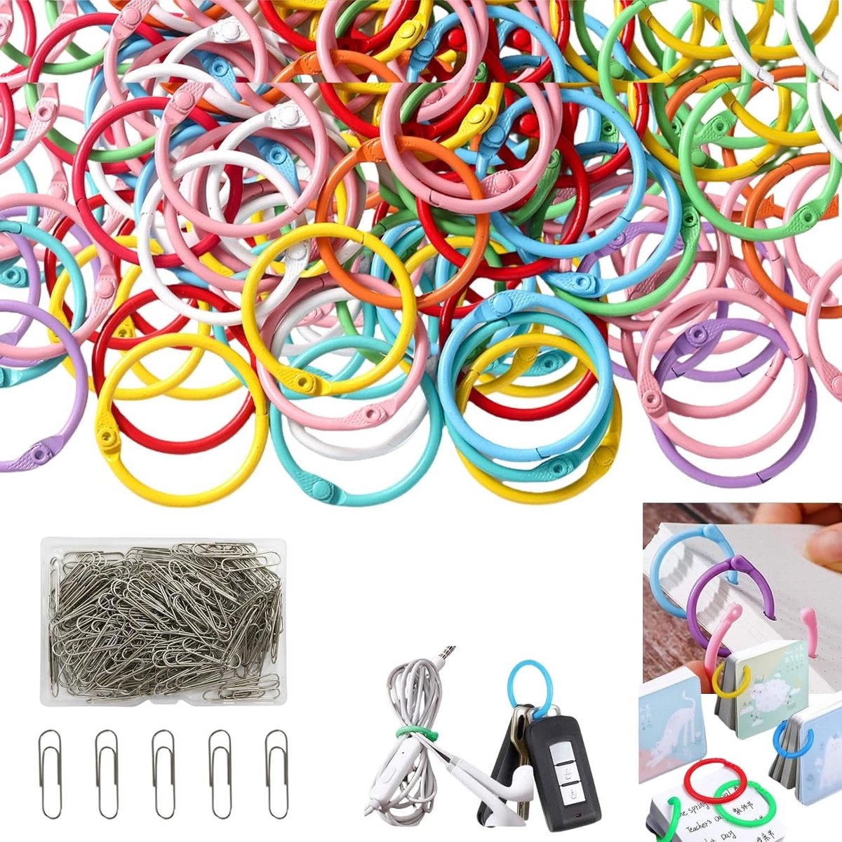 Binding Ring Set van 60 Stuks - 30 mm en 45 mm Metalen Ringen voor Losse Bladen, Kleurige Binder met 100 Clips voor Organisatie en Archivering