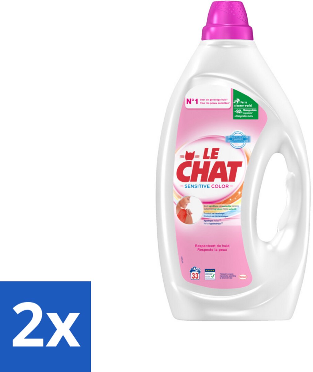 2 x Le Chat – Vloeibaar Wasmiddel – Sensitive Color – 1,485 L - Gevoelige Huid - Hypoallergeen - Wasmiddel Voor Gekleurde Kleding - Schone Was - Zachte Was