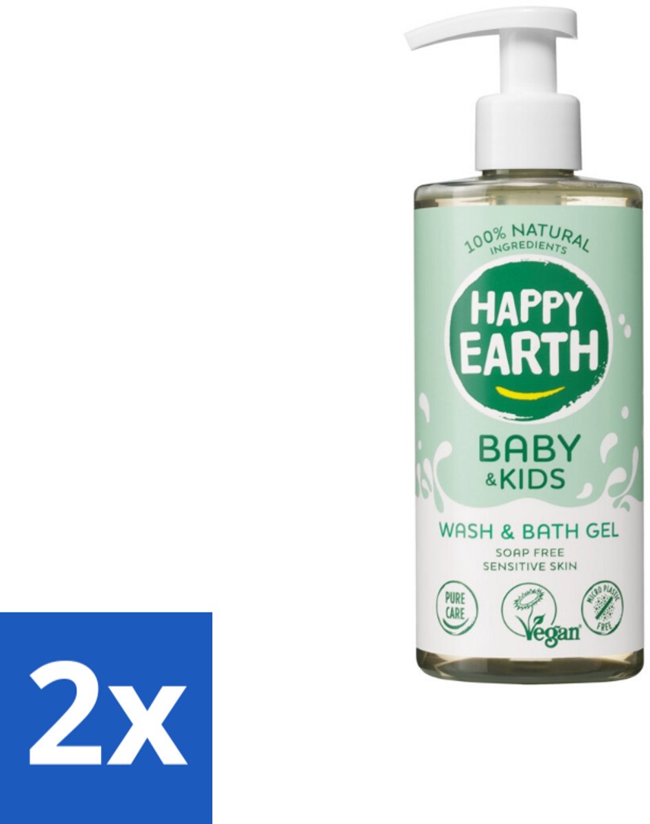 2 x Happy Earth – Was & Badgel – Zeepvrij Baby & Kids – 300 ml - Wasgel - Huidverzachter - Babywasgel - Natuurlijke Wasgel - Allergeenvrije Wasgel