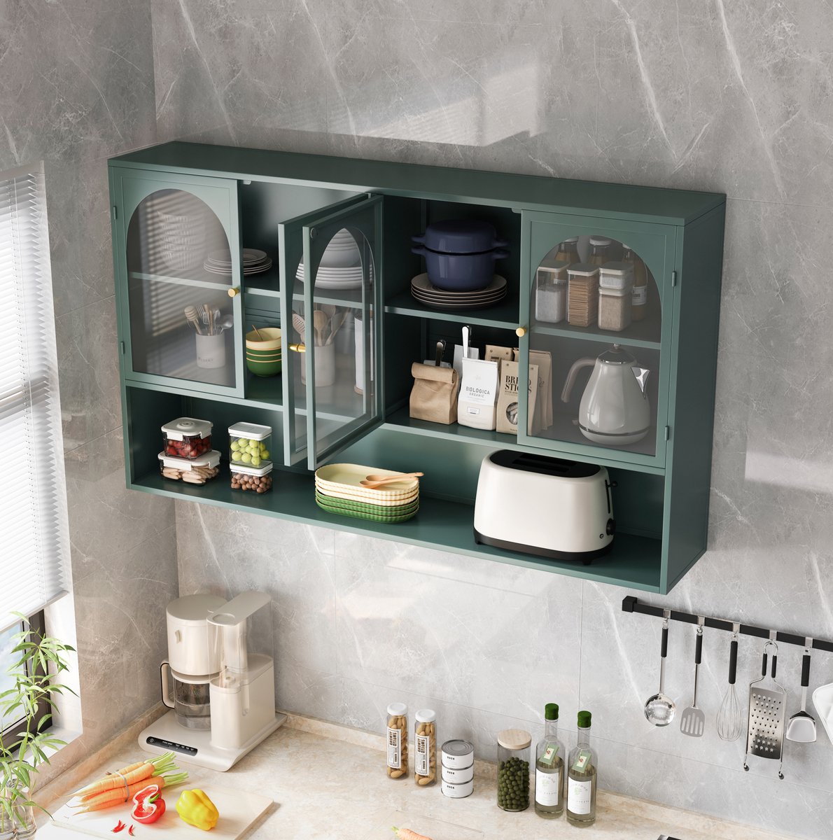 OKWISH Wandkast - 4 Deuren - Vitrinekast Voor Keuken En Woonkamer - Donkergroen Glas En Metaal - 120x23x70 cm
