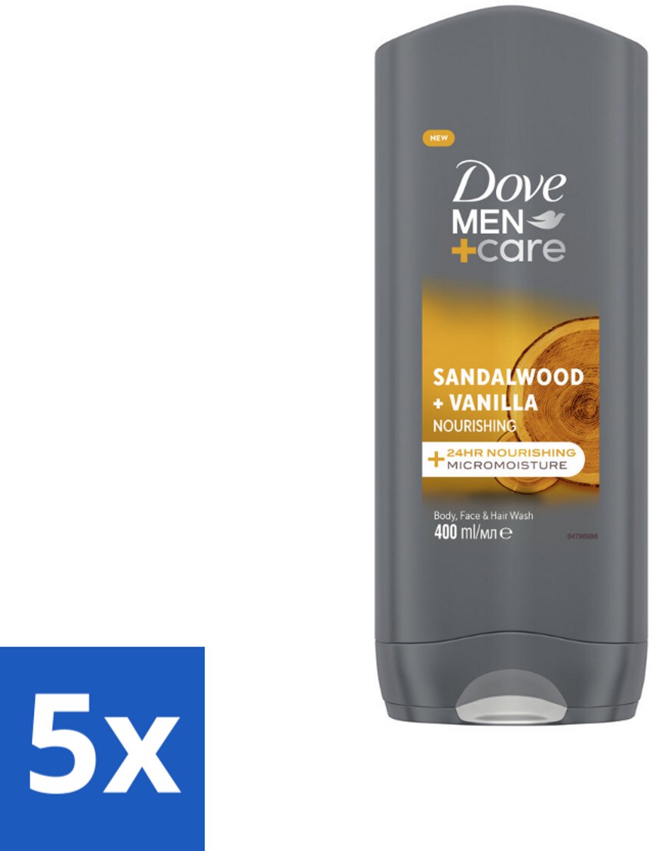 5 x Dove – Douchegel – Men+Care Sandalwood & Vanilla – 400 ml - Douchegel Mannen - Mannenhuid Verzorging - Hydraterende Douchegel - Douchegel Voor Mannen - Douchegel Voor Gezicht En Haar