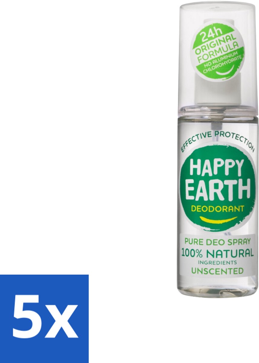 5 x Happy Earth – Deodorant Spray – 100% Natuurlijk Unscented – 100 ml - 100% Natuurlijk - Geurloos - Hypoallergene Deodorant - Natuurlijke Mineralen - Biologische Aloë Vera