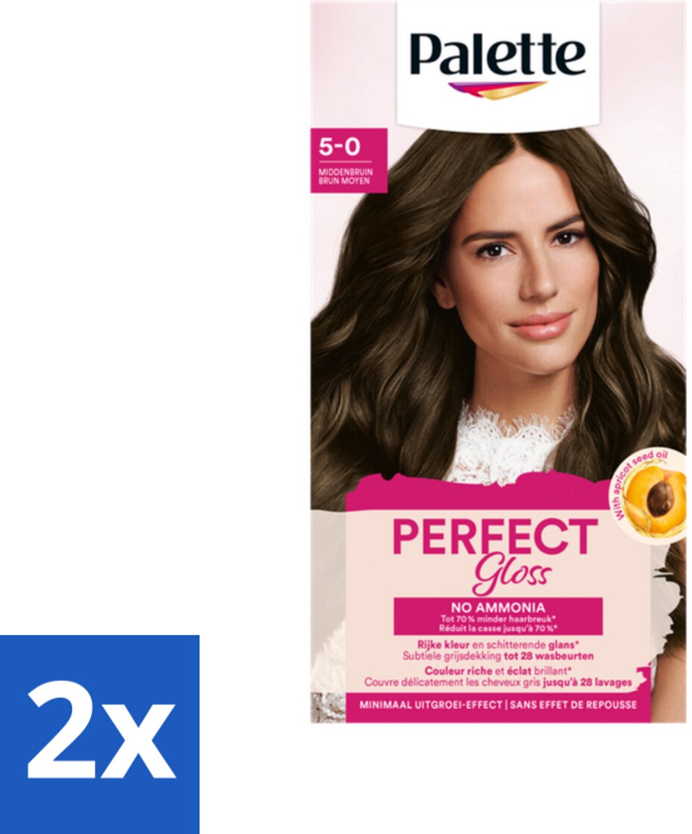 2 x Palette - Haarverf - Perfect Gloss 5 Medium Brown - Haarkleur - Ammoniakvrije Haarkleuring - Glanzende Haarkleur - Haaruitwasbaar - Grijsdekking
