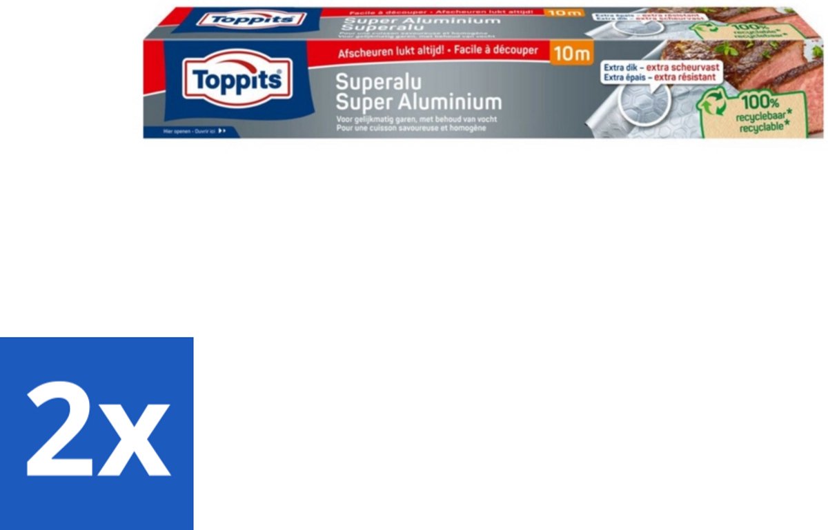 2 x Toppits – Aluminiumfolie – Super Sterk – 10 m - Aluminiumfolie - Voedsel Bewaren - Warmtebestendig - Geurvoorkomen - Ovengebruik