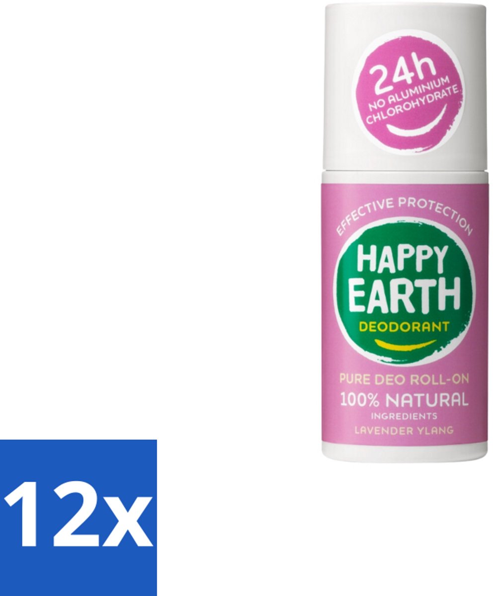 12 x Happy Earth – Deodorant Roll-On – 100% Natuurlijk Lavender Ylang – 75 ml - Natuurlijke Deodorant - Frisse Geur - Lavendel - Ylang-ylang - Huidvriendelijk