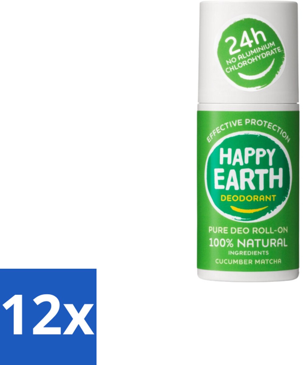 12 x Happy Earth – Deodorant Roll-On – 100% Natuurlijk Cucumber Matcha – 75 ml - Deodorant - Fris - Natuurlijk - Huidvriendelijk - Komkommer