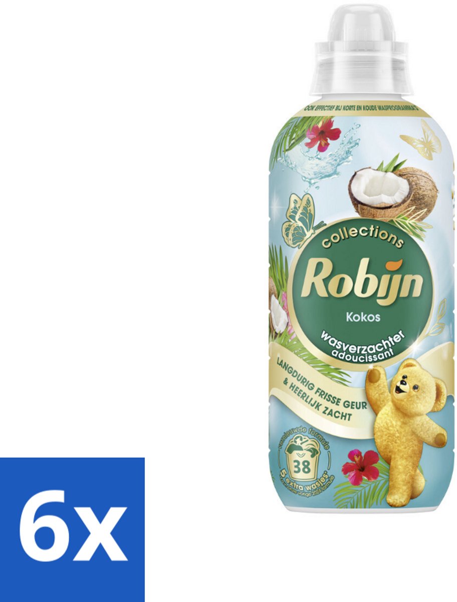 6 x Robijn – Wasverzachter – Kokos Sensation – 765 ml - Wasverzachter Kokos - Wasverzachter Tropisch - Wasverzachter Fris - Wasverzachter Voor Textiel - Wasverzachter Voor Beddengoed