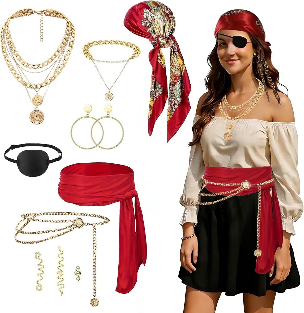 Piratenkostuum voor vrouwen - 10-delig Halloween outfit met ooglapje, sjaal en accessoires voor volwassenen