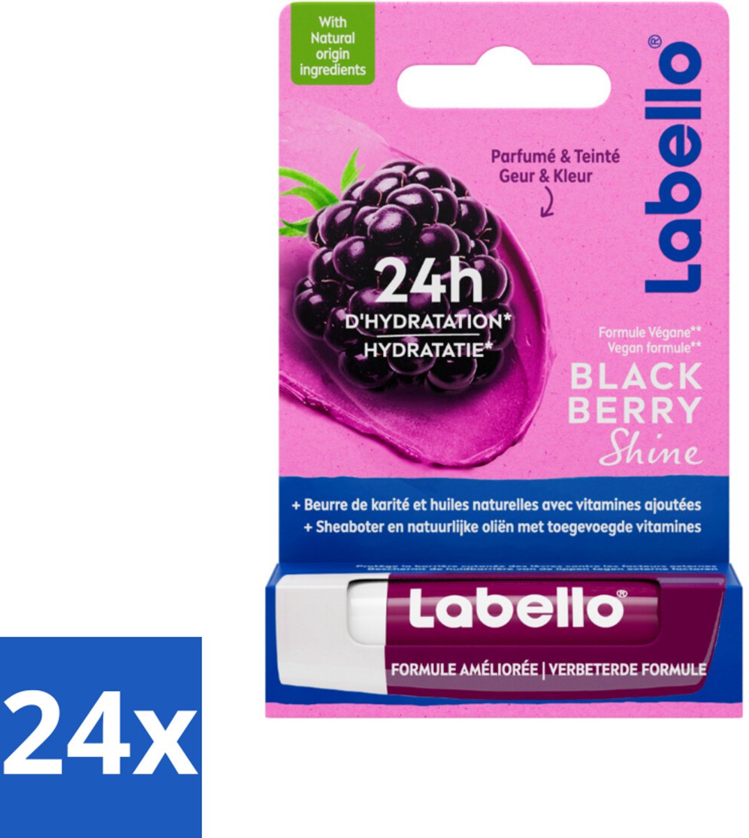 24 x Labello – Lippenbalsem – Blackberry Shine – Lippenbalsem – Shea Boter & Jojoba Olie – 5,5 ml - Lippenbalsem - Hydratatie - Glans - Voeding - Shea Boter