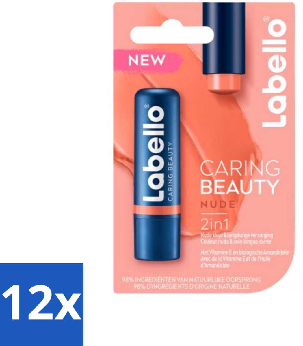 12 x Labello – CLippenbalsem – aring Beauty Nude – 6 ml - Lippenbalsem - Rode Lippenbalsem - Verzorgende Lippenbalsem - Hydraatende Lippenbalsem - Natuurlijke Lippenbalsem