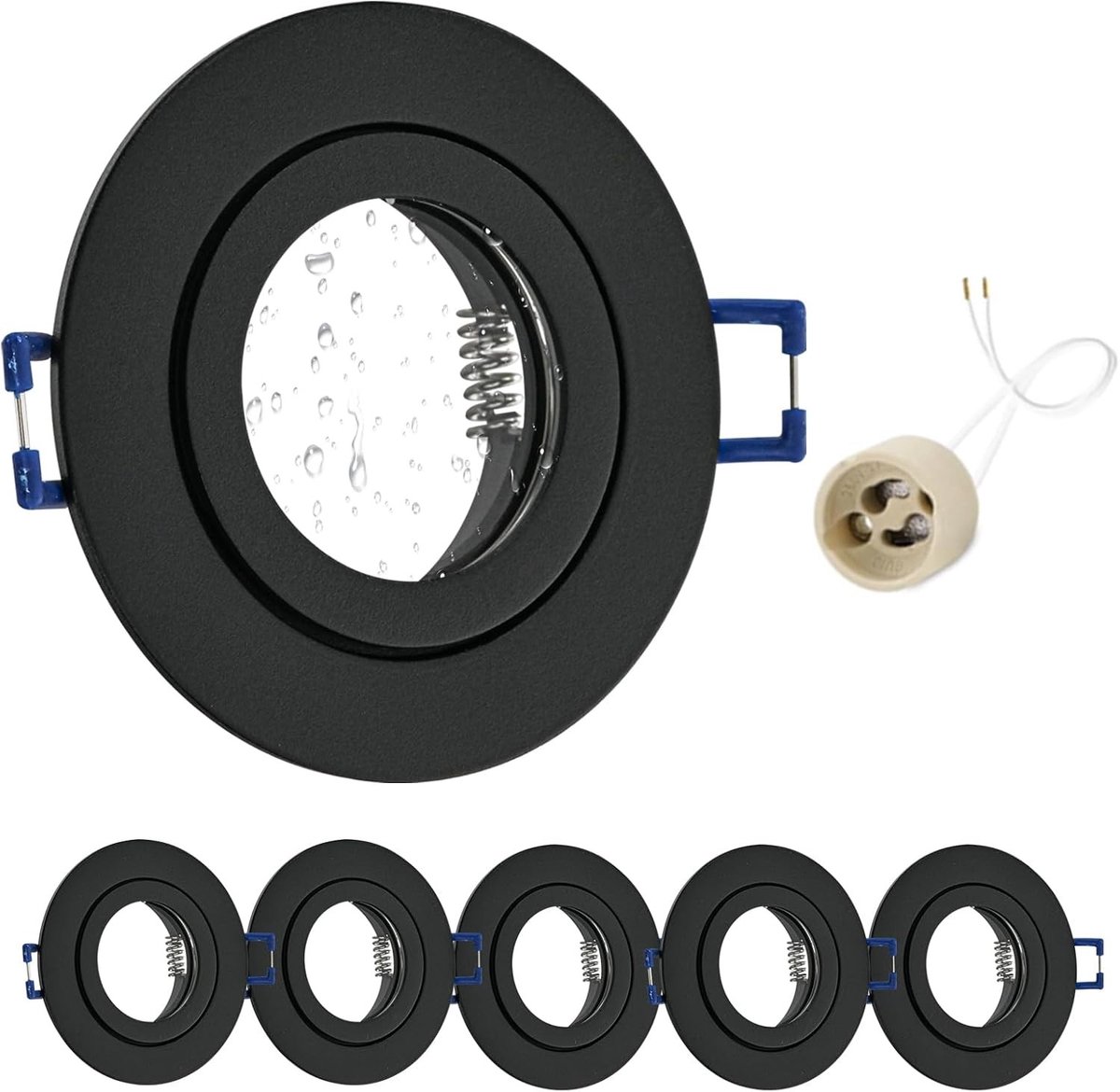 6 x LED Inbouwspotjes, 230 V, IP44, GU10 Fitting, Aluminium, Zwart, Rond, Plafondverlichting, Badkamer, Buiten, Binnen, Verlichting, 68 mm Inbouwframe