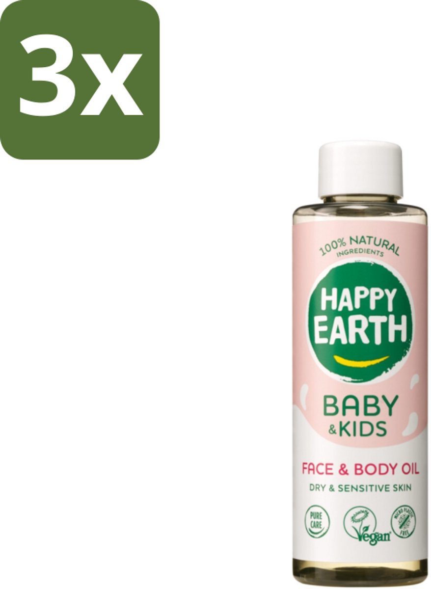 3 x Happy Earth – Face & Body Oil – 100% Natuurlijk Baby & Kids – 150 ml - Babyolie - Gezichtsolie - Lichaamsoil - Gezicht En Lichaam - Gevoelige Huid