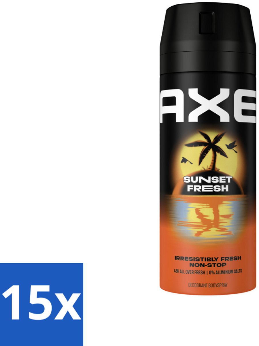 15 x Axe – Deodorant – Sunset Fresh – 150 ml - Axe Sunset Fresh Bodyspray - Frisse Bodyspray - Zink-zap Technologie - Anti-geur - Citrusgeur