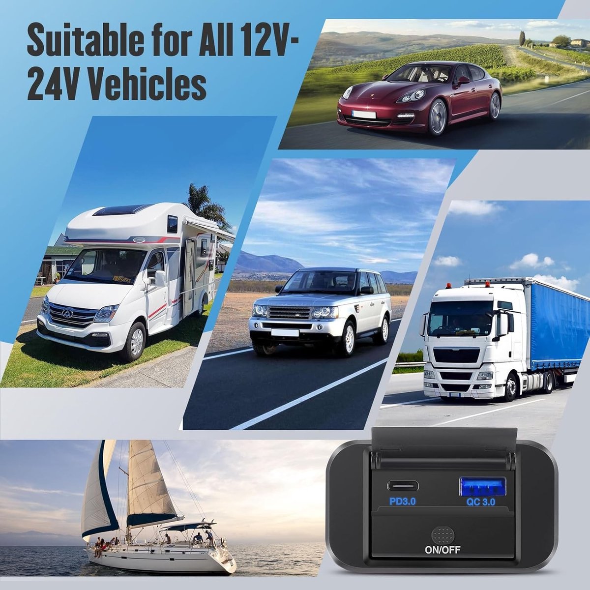 Dual USB C Oplaadpunt 12V Auto Lader 36W QC3.0 en 55W PD Type C Snelladen Waterdicht met Schakelaar voor Auto, Boot en Motorhome – foto 7