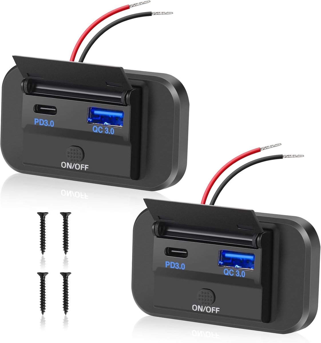 Dual USB C Oplaadpunt 12V Auto Lader 36W QC3.0 en 55W PD Type C Snelladen Waterdicht met Schakelaar voor Auto, Boot en Motorhome