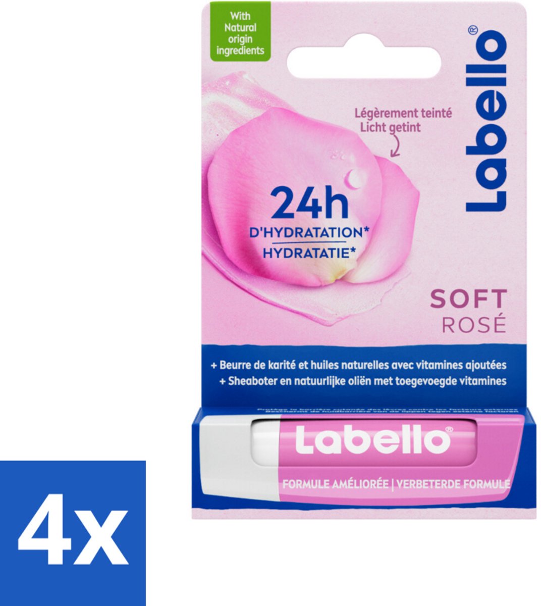 4 x Labello – Lippenbalsem – Soft Rosé – Lippenbalsem – 24H Hydratatie - Hydraatende Lippenbalsem - Roze Lippenbalsem - Lippen Verzorging - Natuurlijke Lippenkleur - Rozenextract