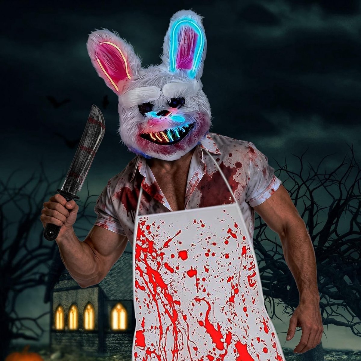 Horror Kostuum met LED Konijnenmasker, Bloedige Schort en Machete voor Halloween en Carnaval Feestjes