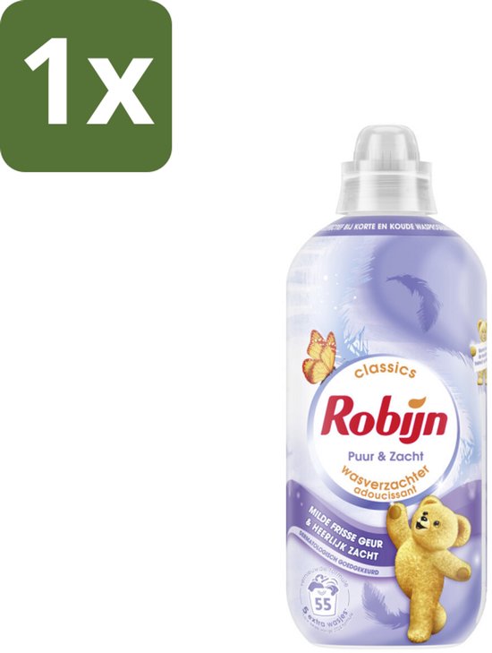 Robijn Puur & Zacht wasverzachter in fles van 1,1L, met een milde frisse geur en heerlijk zacht, dermatologisch goedgekeurd. Bevat 55 wasjes.